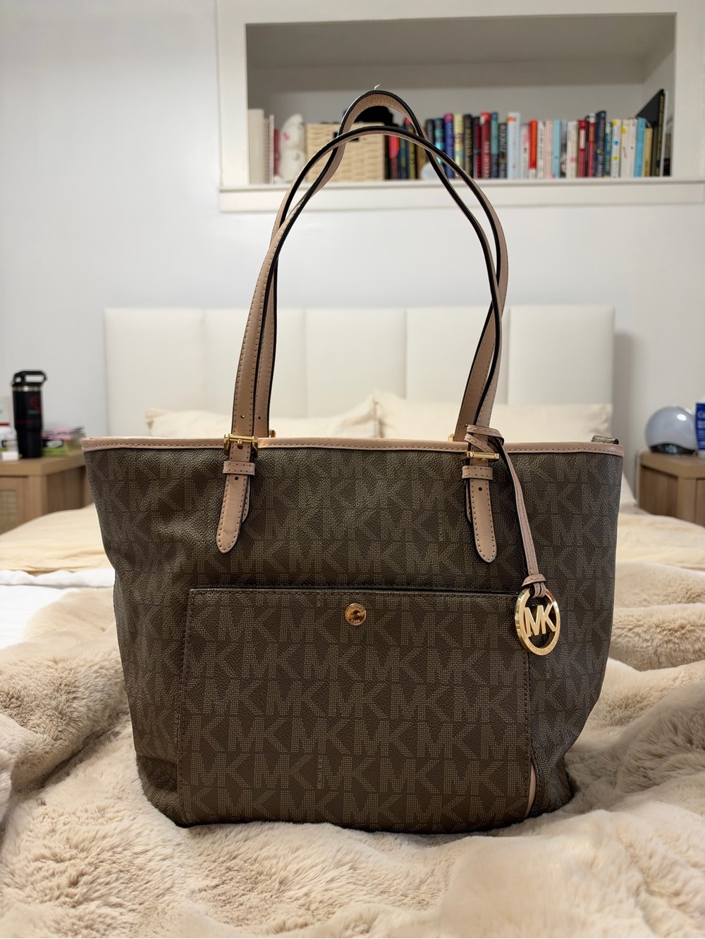 Michael Kors Brown Logo Tote with Gold MK Charm